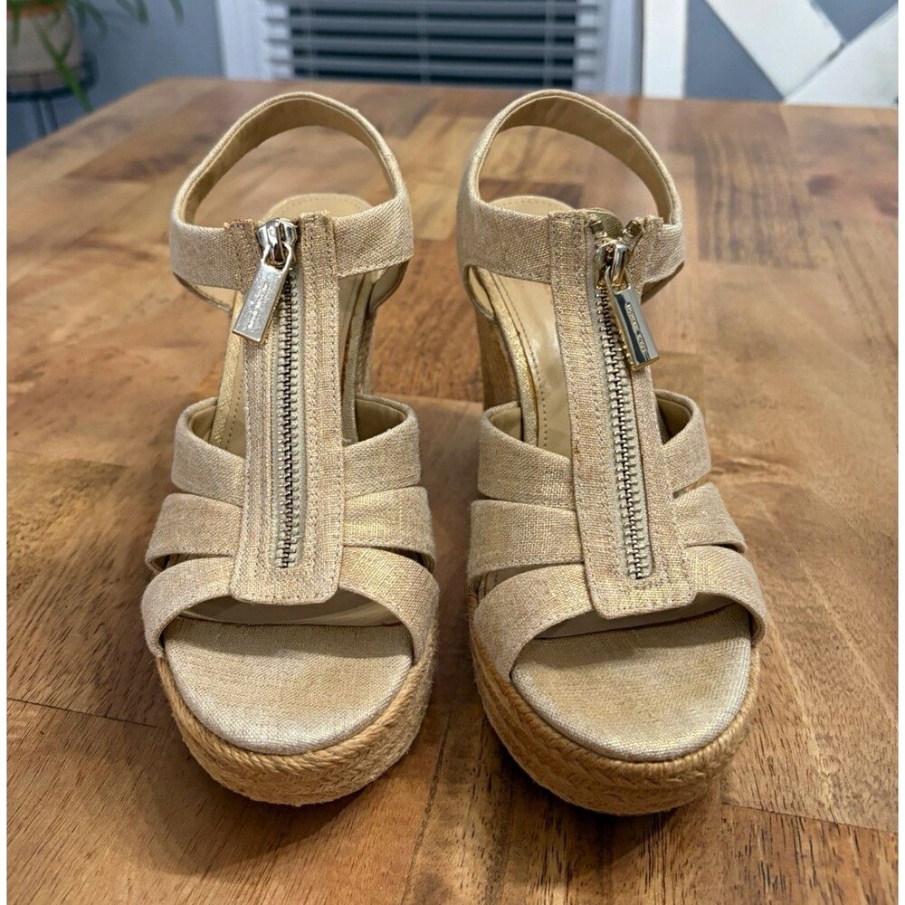MICHAEL Michael Kors Women’s US 6 Beige Textile Espadrille Wedge Sandals Zip